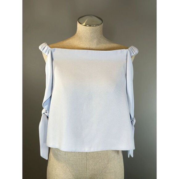 Topshop Bardot Tie Sleeve Off-Shoulder Top in Light Blue Size 6 - Picture 2 of 5
